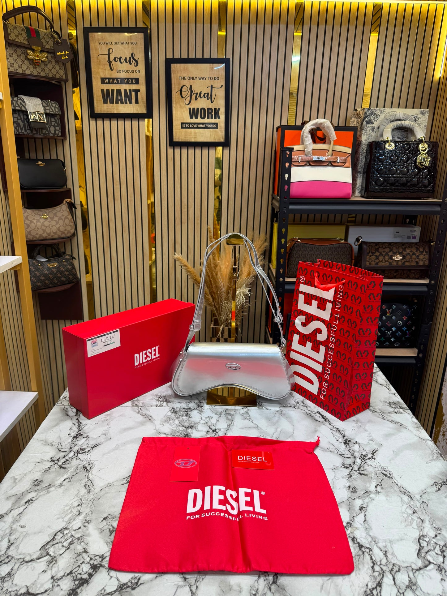 Diesel Inspired Play Play Glossy Shoulder Bag With Box And Dust Bag Including Carry Bag (silver)