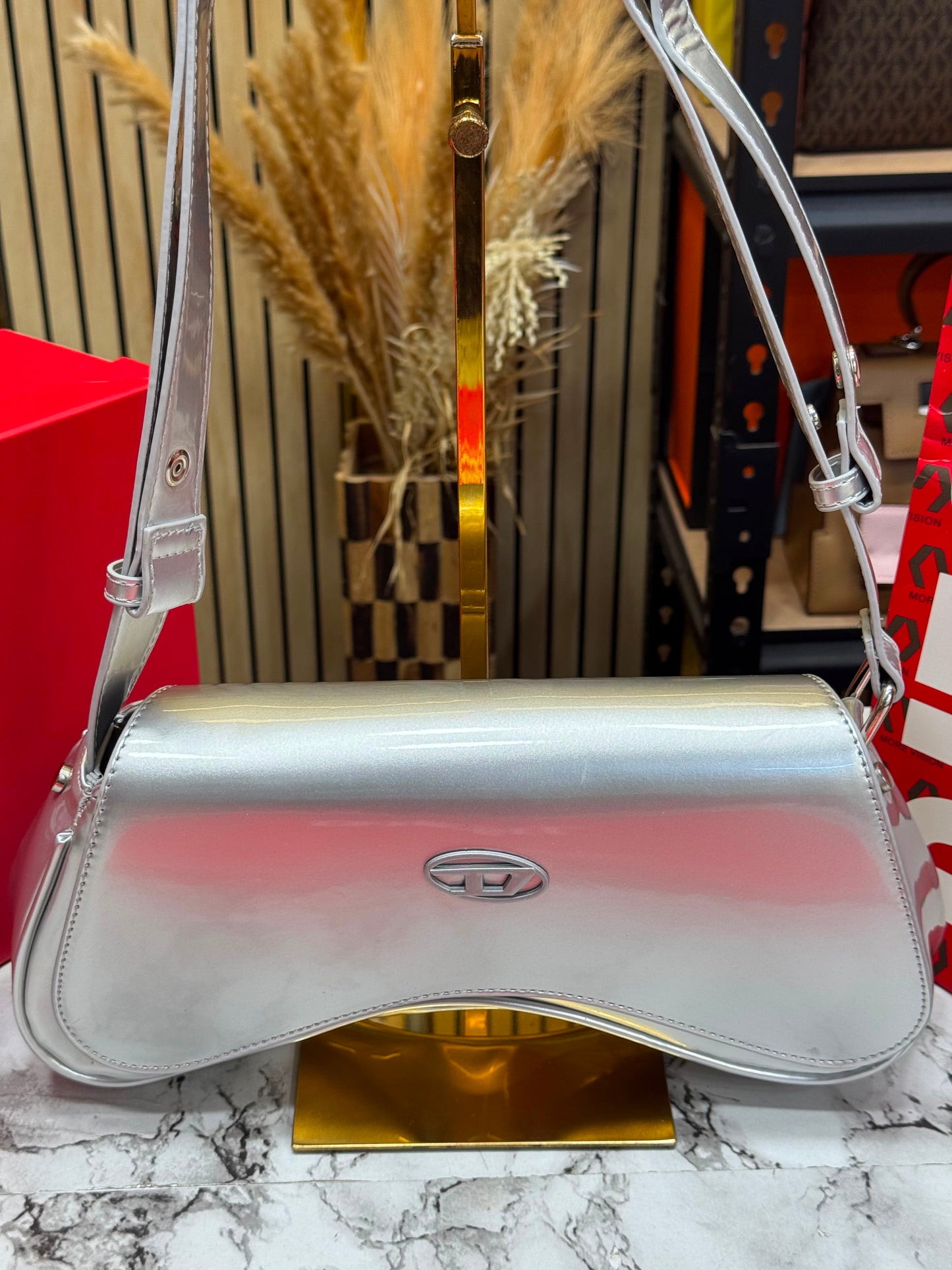 Diesel Inspired Play Play Glossy Shoulder Bag With Box And Dust Bag Including Carry Bag (silver)