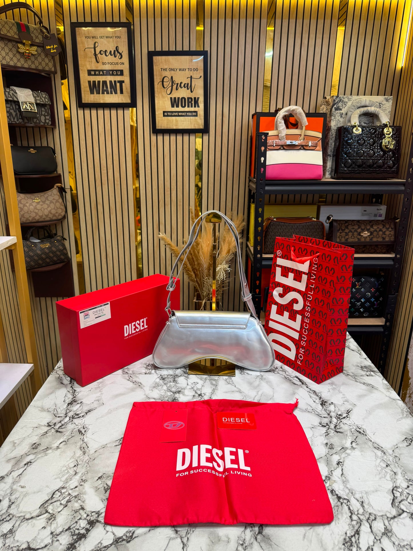 Diesel Inspired Play Play Glossy Shoulder Bag With Box And Dust Bag Including Carry Bag (silver)