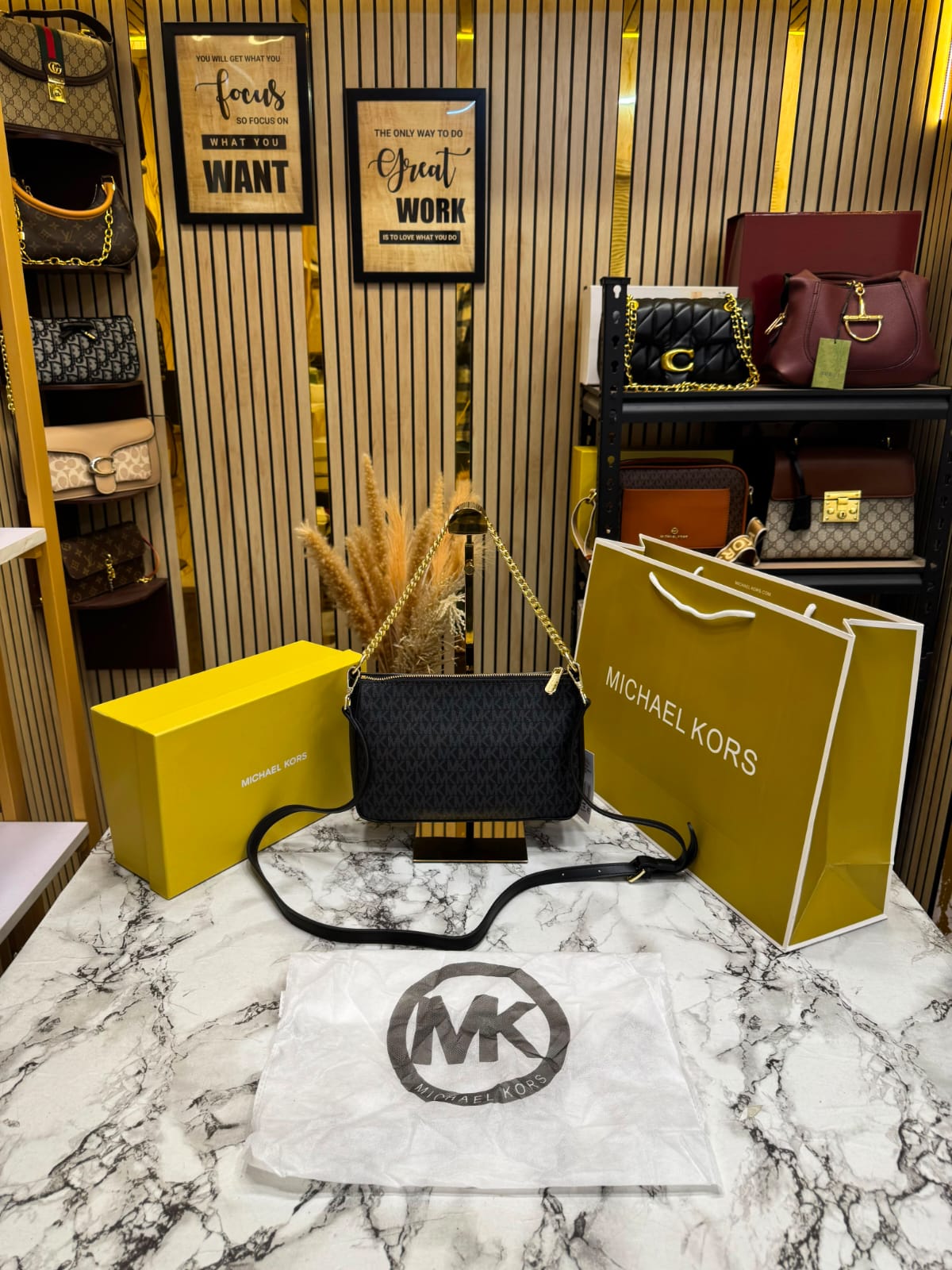 MK-Inspired PVC Jet Set Signature Monogram Crossbody Bag With Chain Strap Shoulder Strap With Box Carry Bag & Dust Bag (Black)