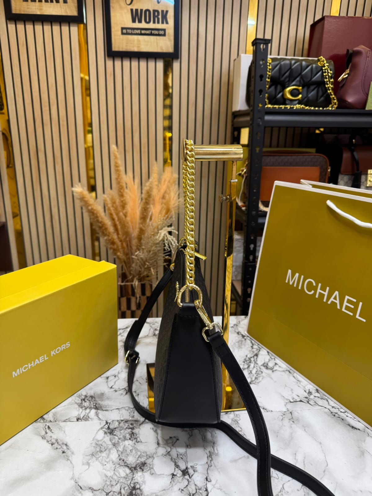 MK-Inspired PVC Jet Set Signature Monogram Crossbody Bag With Chain Strap Shoulder Strap With Box Carry Bag & Dust Bag (Black)