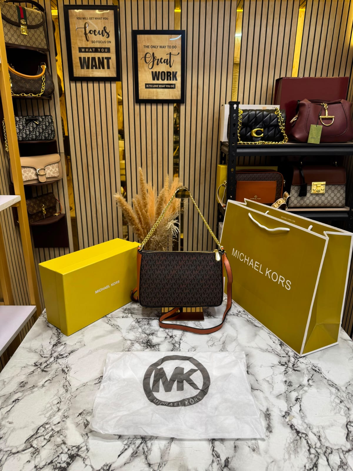 MK-Inspired PVC Jet Set Signature Monogram Crossbody Bag With Chain Strap Shoulder Strap With Box Carry Bag & Dust Bag (Brown)