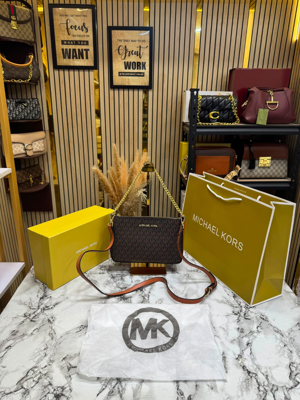 MK-Inspired PVC Jet Set Signature Monogram Crossbody Bag With Chain Strap Shoulder Strap With Box Carry Bag & Dust Bag (Black)