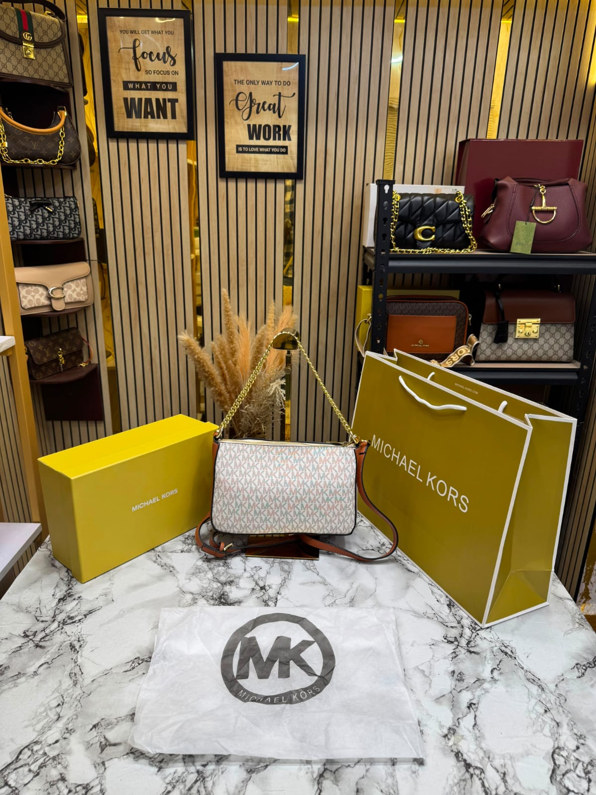 MK-inspired PVC Jet Set Signature Monogram Crossbody Bag With Chain Strap Shoulder Strap With Box Carry Bag & Dust Bag (Beige)