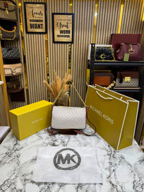 MK-inspired PVC Jet Set Signature Monogram Crossbody Bag With Chain Strap Shoulder Strap With Box Carry Bag & Dust Bag (Beige)