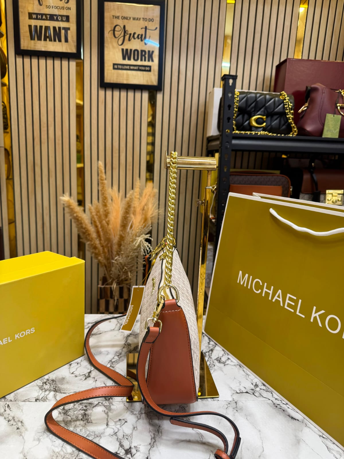 MK-inspired PVC Jet Set Signature Monogram Crossbody Bag With Chain Strap Shoulder Strap With Box Carry Bag & Dust Bag (Beige)