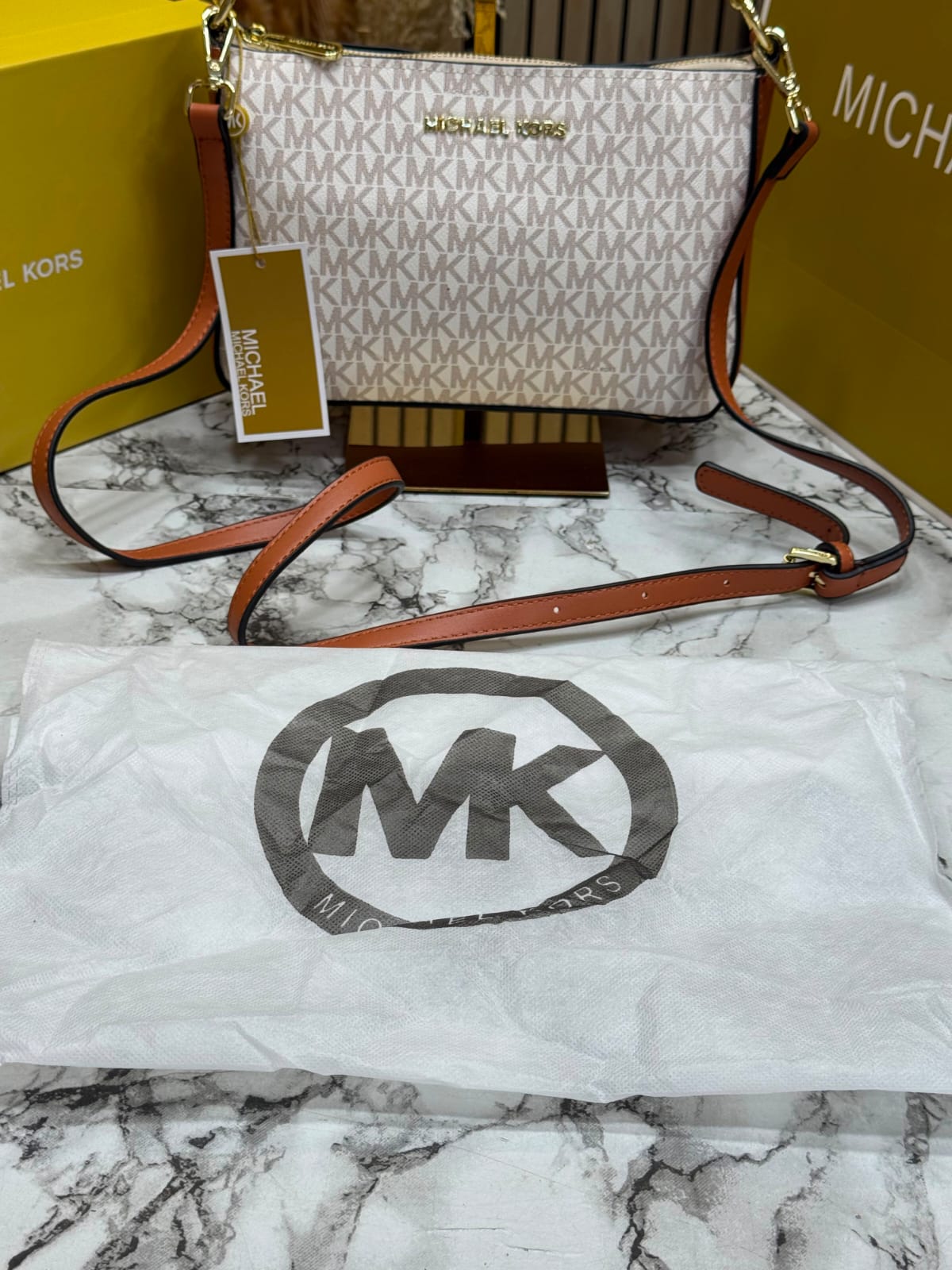 MK-inspired PVC Jet Set Signature Monogram Crossbody Bag With Chain Strap Shoulder Strap With Box Carry Bag & Dust Bag (Beige)