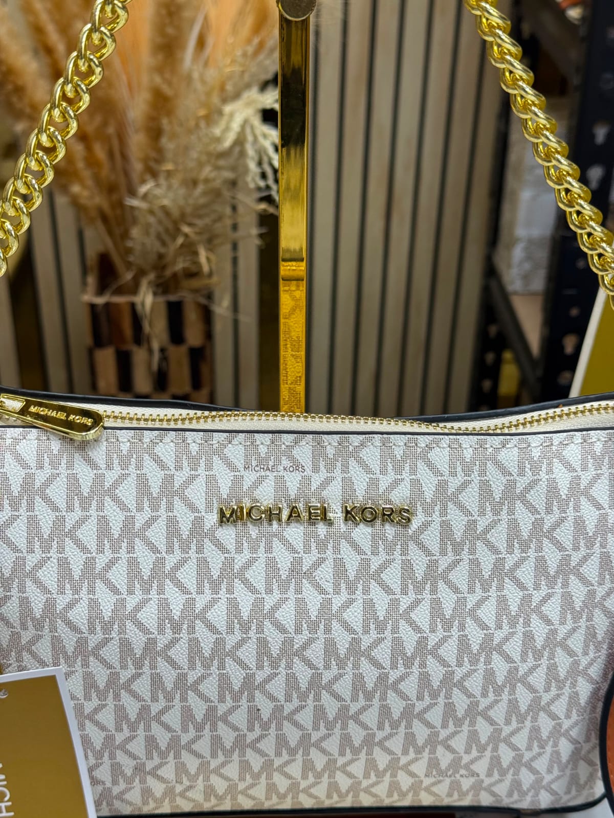 MK-inspired PVC Jet Set Signature Monogram Crossbody Bag With Chain Strap Shoulder Strap With Box Carry Bag & Dust Bag (Beige)