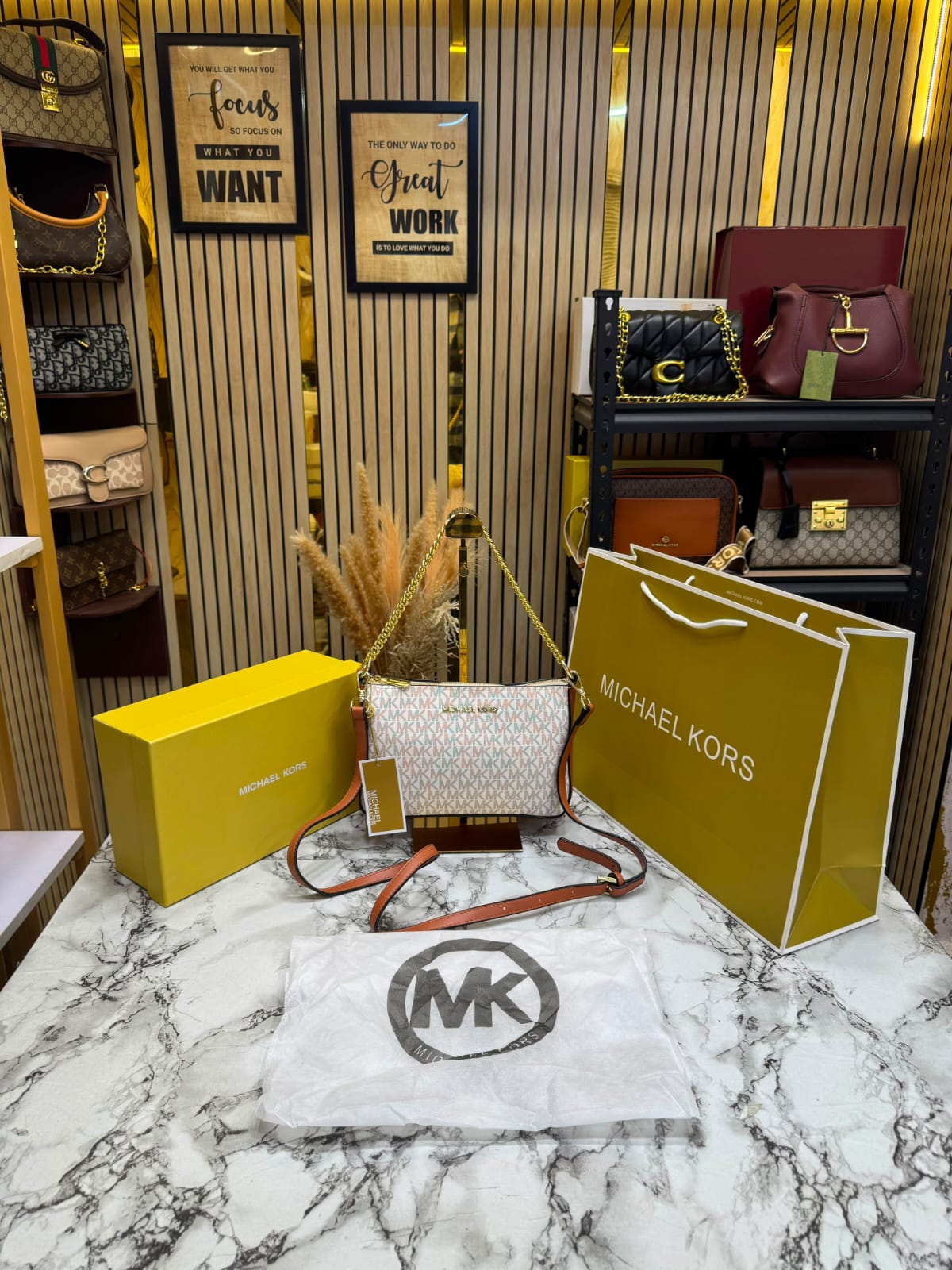 MK-inspired PVC Jet Set Signature Monogram Crossbody Bag With Chain Strap Shoulder Strap With Box Carry Bag & Dust Bag (Beige)