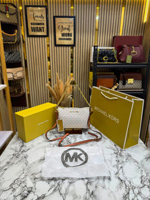 MK-inspired PVC Jet Set Signature Monogram Crossbody Bag With Chain Strap Shoulder Strap With Box Carry Bag & Dust Bag (Beige)