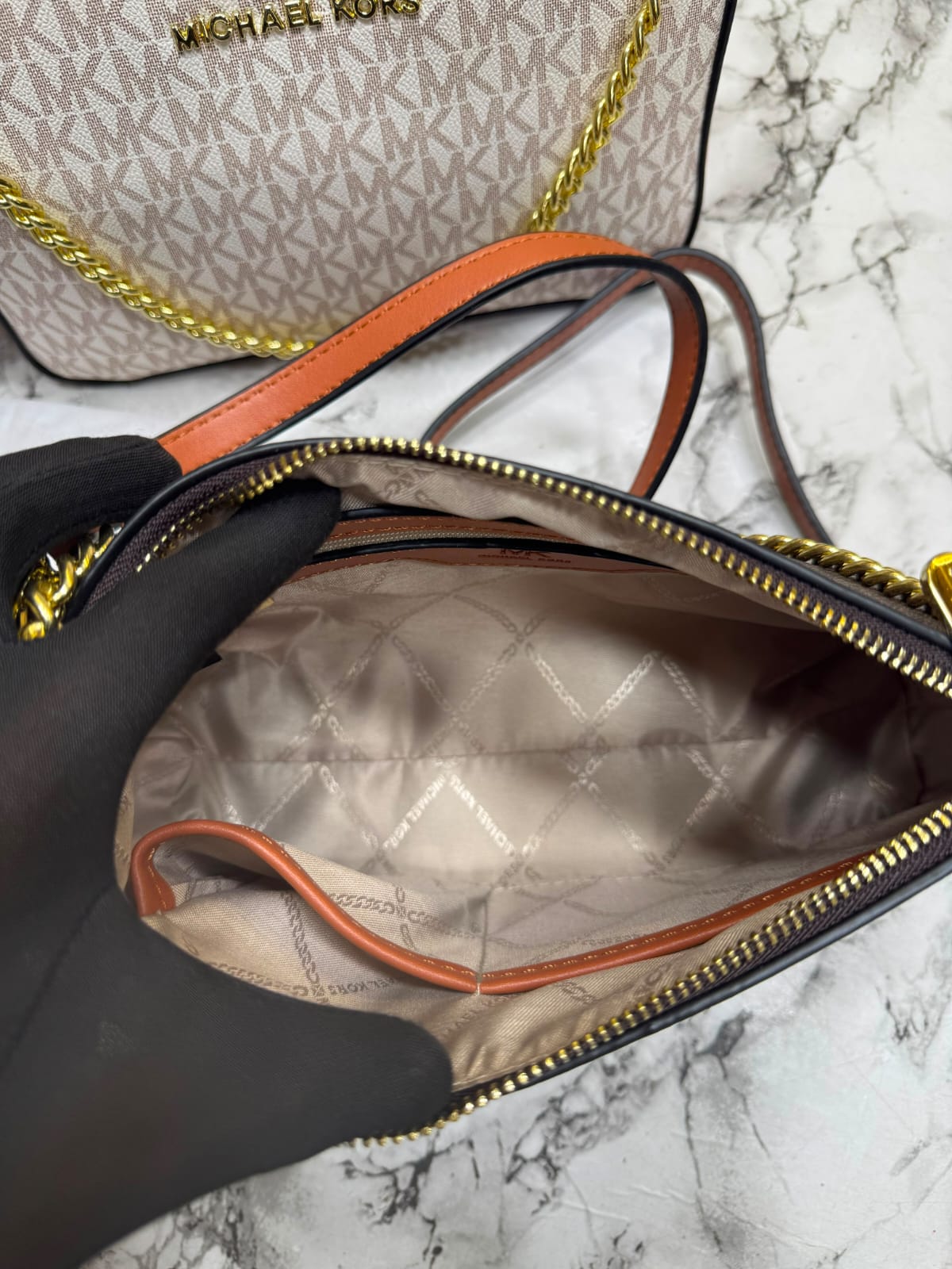 MK-Inspired PVC Jet Set Signature Monogram Crossbody Bag With Chain Strap Shoulder Strap With Box Carry Bag & Dust Bag (Brown)