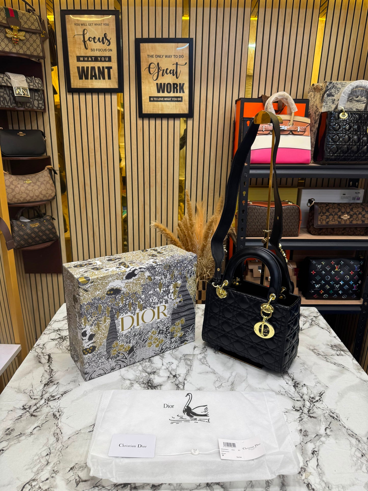 D-Inspired Medium Cannage Lady Handbag With Box And Dust Bag (Black)