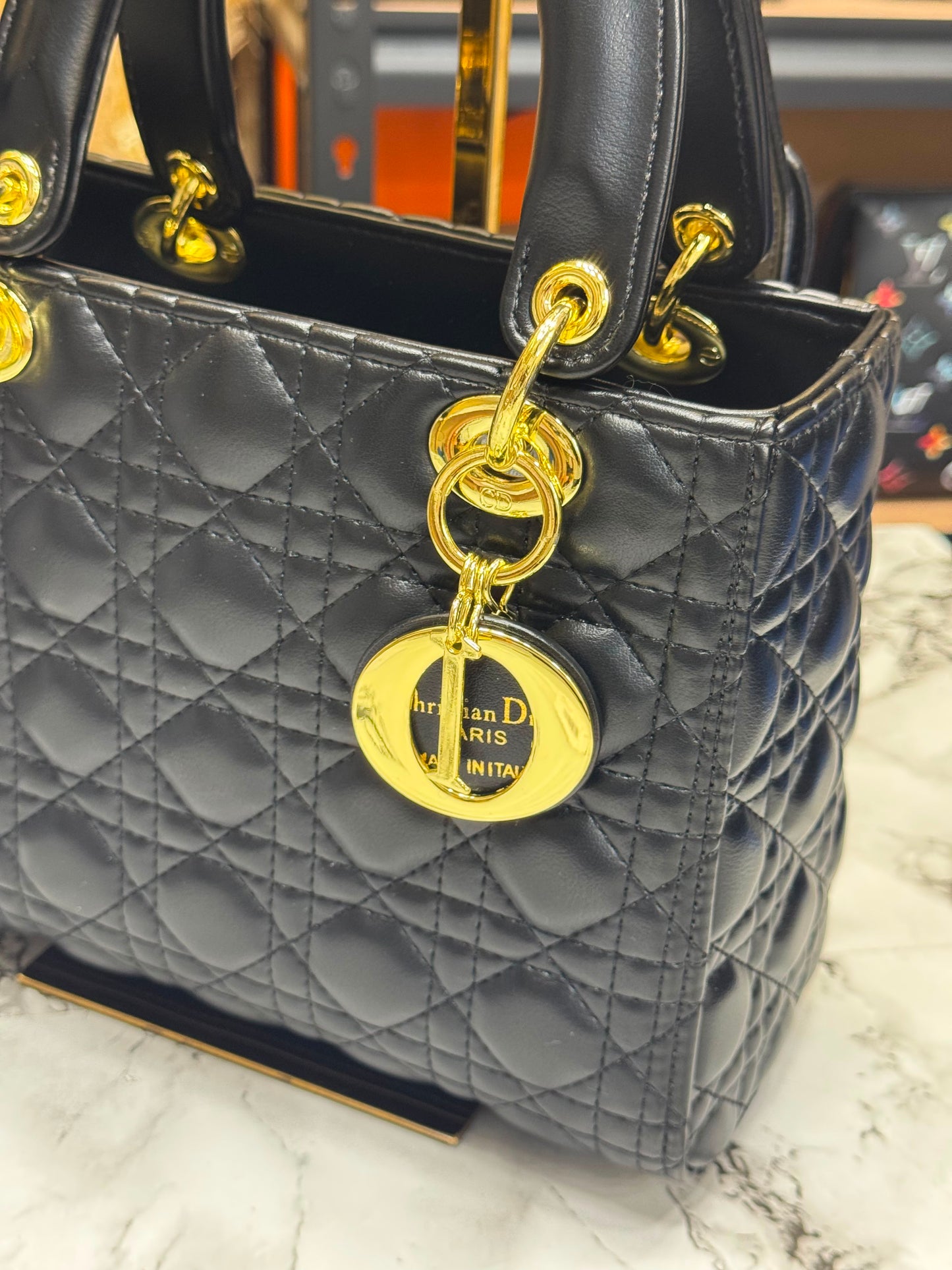D-Inspired Medium Cannage Lady Handbag With Box And Dust Bag (Black)