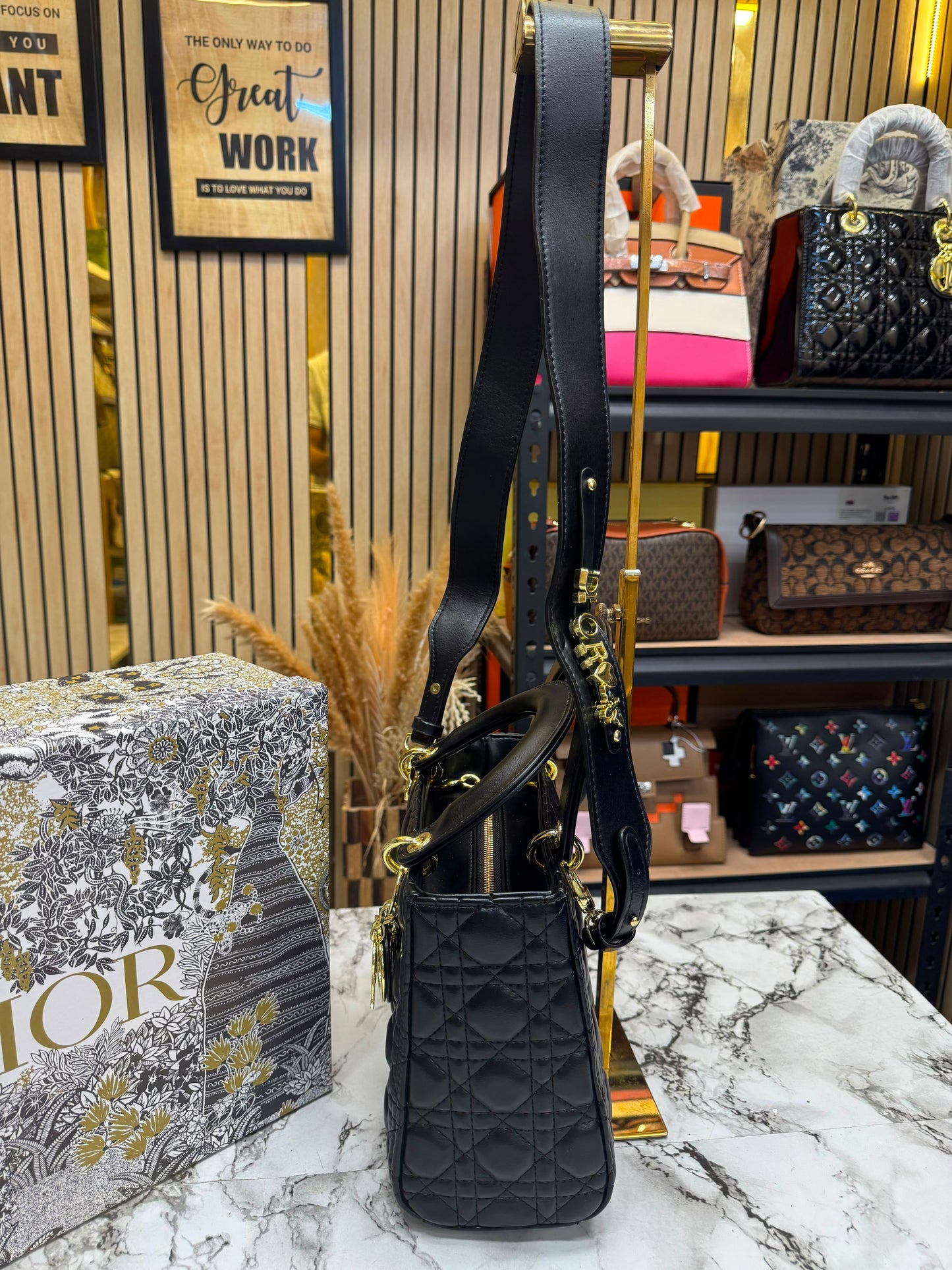 D-Inspired Medium Cannage Lady Handbag With Box And Dust Bag (Black)