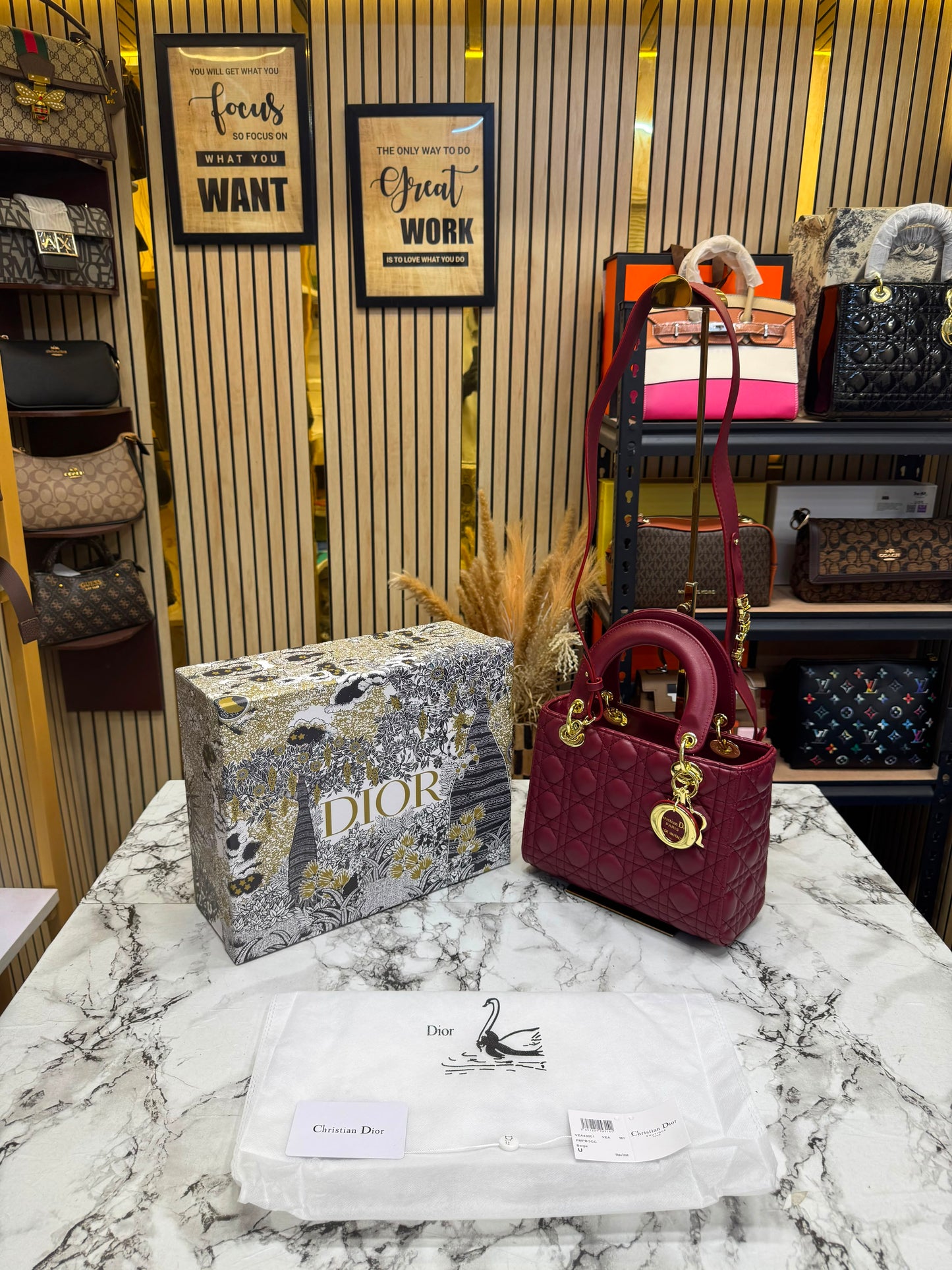 D-inspired Medium Cannage Lady Handbag With Box And Dust Bag (Maroon)