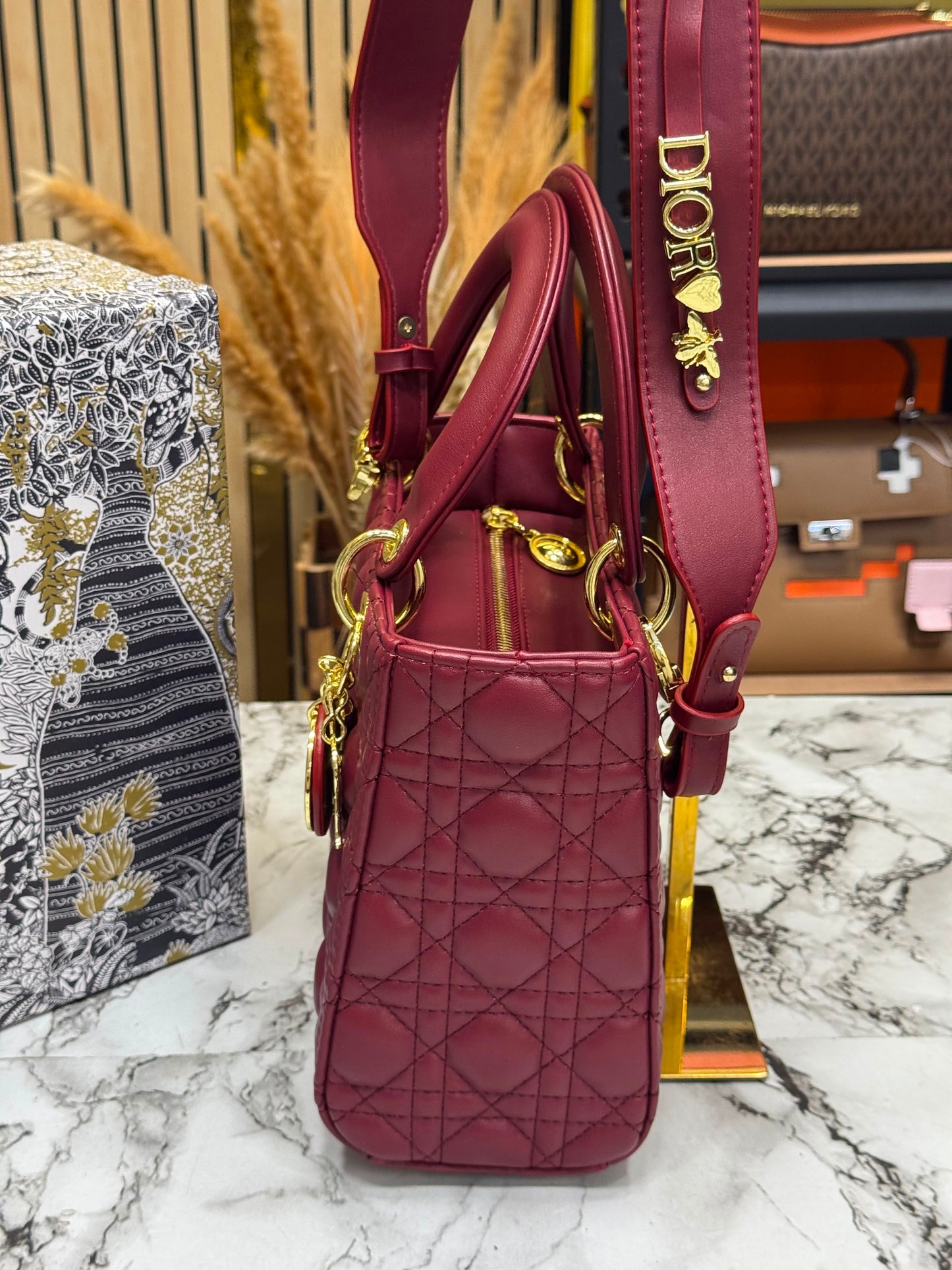 D-inspired Medium Cannage Lady Handbag With Box And Dust Bag (Maroon)