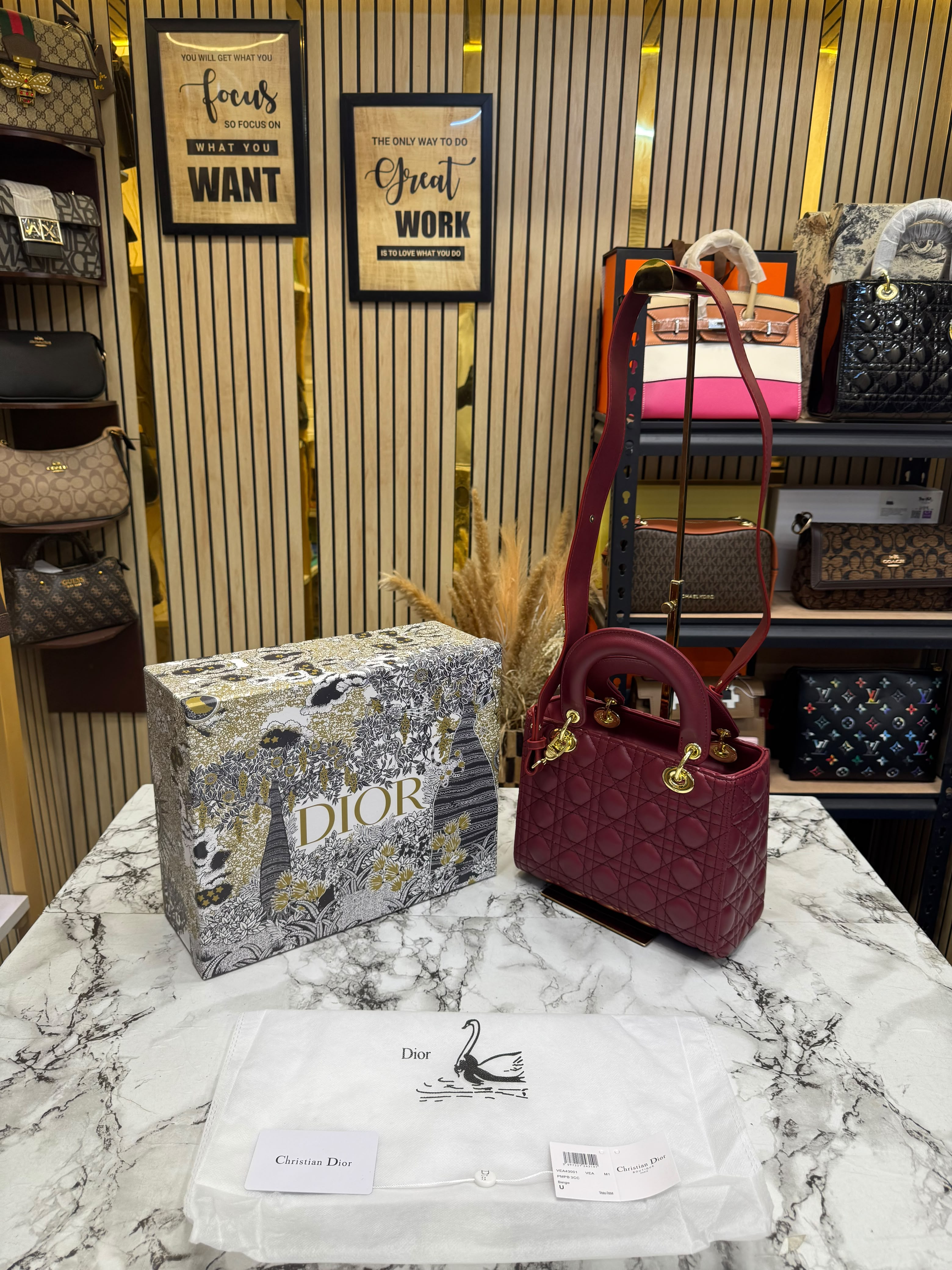 D-inspired Medium Cannage Lady Handbag With Box And Dust Bag (Maroon) Secondary image