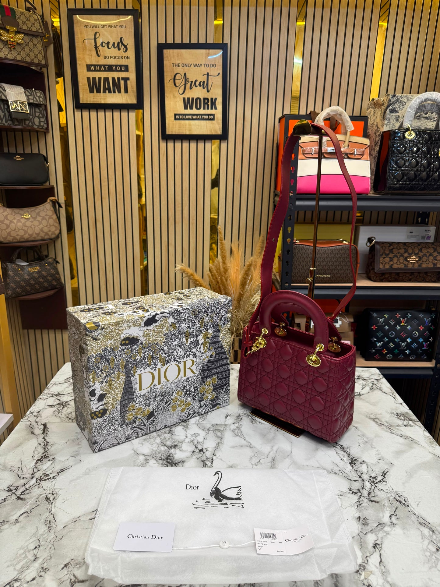D-inspired Medium Cannage Lady Handbag With Box And Dust Bag (Maroon)