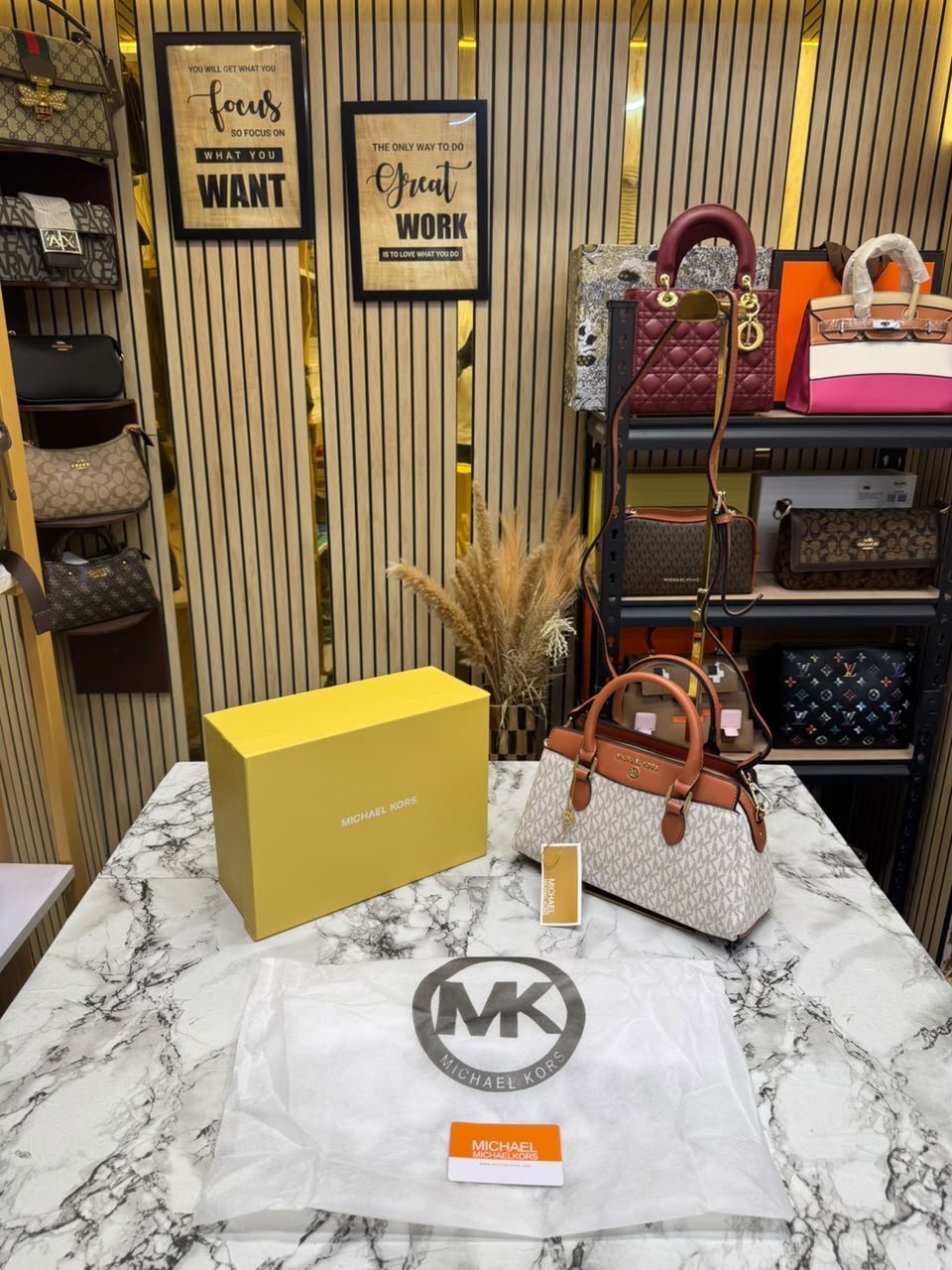 MK-Inspired Ciara Medium Logo Satchel Bag With Box And Dust Bag (Beige)