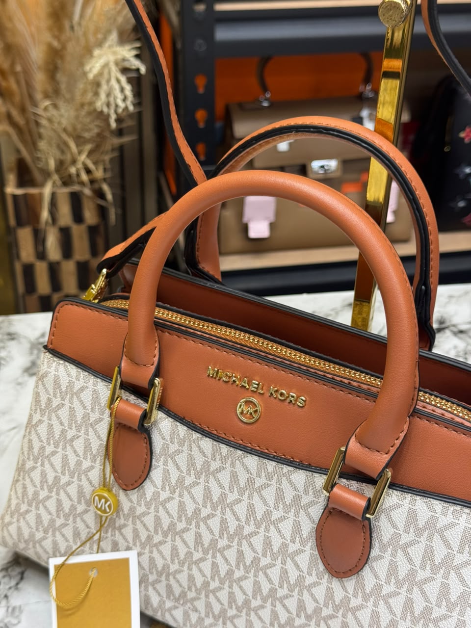 MK-Inspired Ciara Medium Logo Satchel Bag With Box And Dust Bag (Beige)