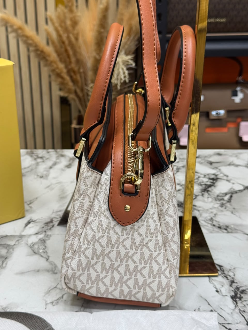 MK-Inspired Ciara Medium Logo Satchel Bag With Box And Dust Bag (Beige)