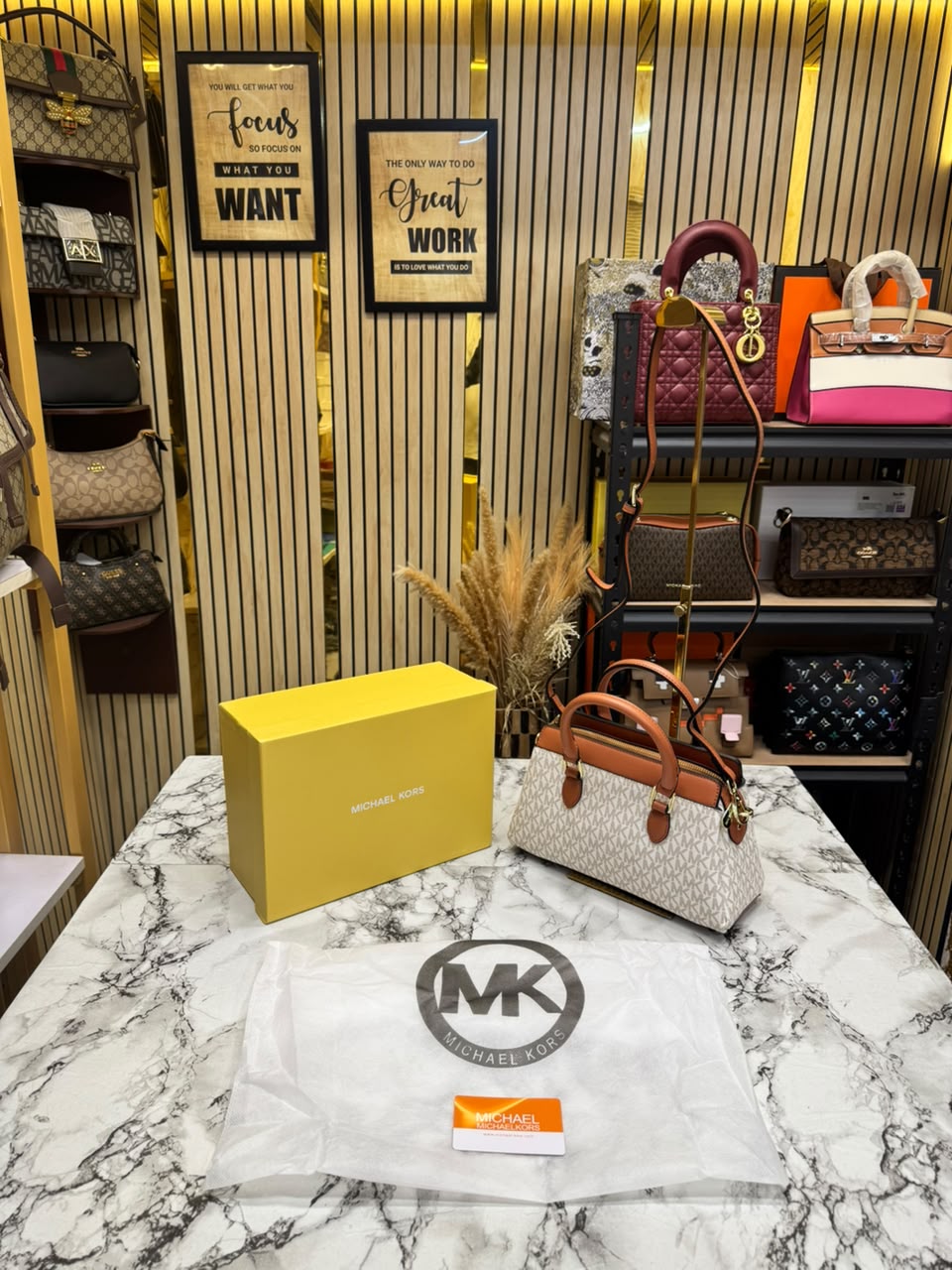 MK-Inspired Ciara Medium Logo Satchel Bag With Box And Dust Bag (Beige)