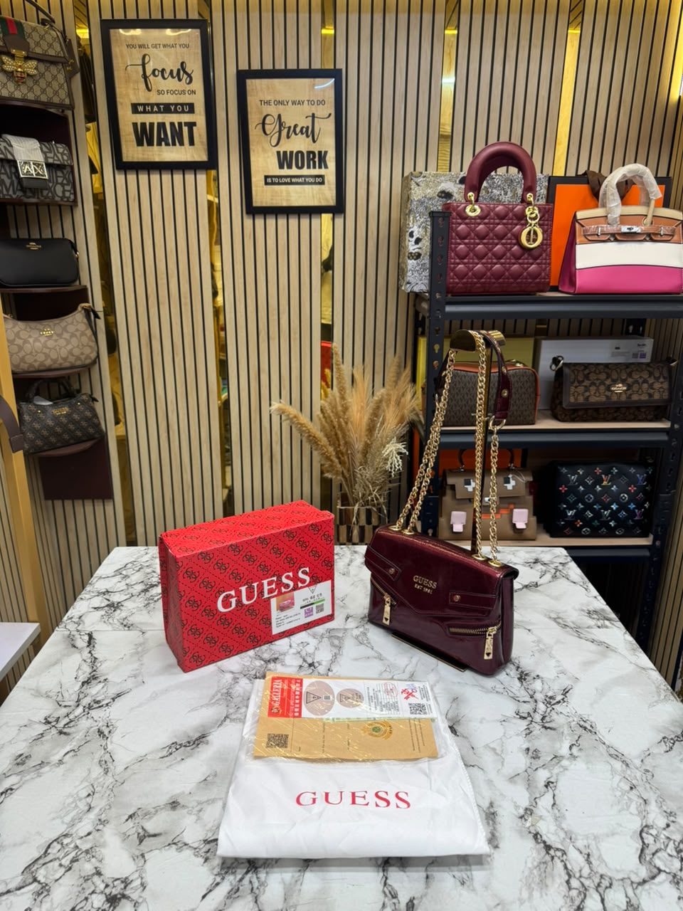Guess-Inspired Trissa Glossy Convertible Flap Crossbody Bag With Box And Dust Bag (Maroon)