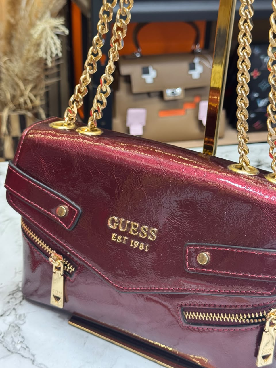 Guess-Inspired Trissa Glossy Convertible Flap Crossbody Bag With Box And Dust Bag (Maroon)