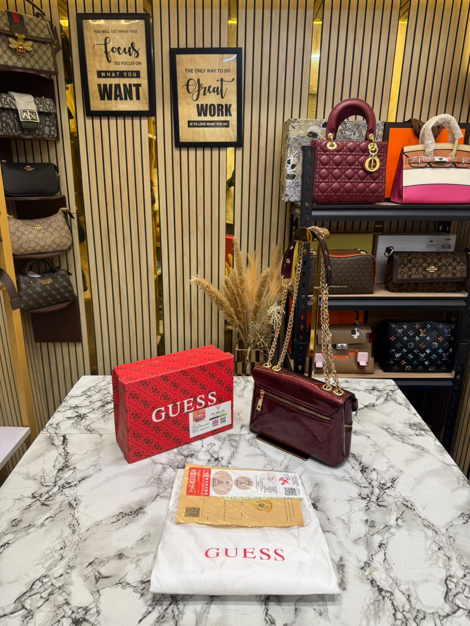 Guess-Inspired Trissa Glossy Convertible Flap Crossbody Bag With Box And Dust Bag (Maroon)