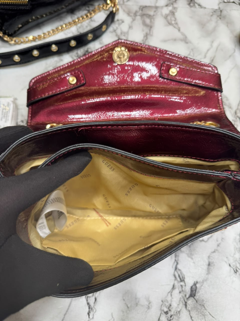 Guess-inspired Trissa Glossy Convertible Flap Crossbody Bag With Box And Dust Bag (Black)