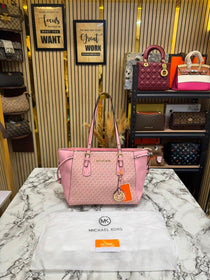 MK-Inspired Jet Set Travel Signature Logo Large Top-Zip Tote Bag With Dust Bag (Pink)