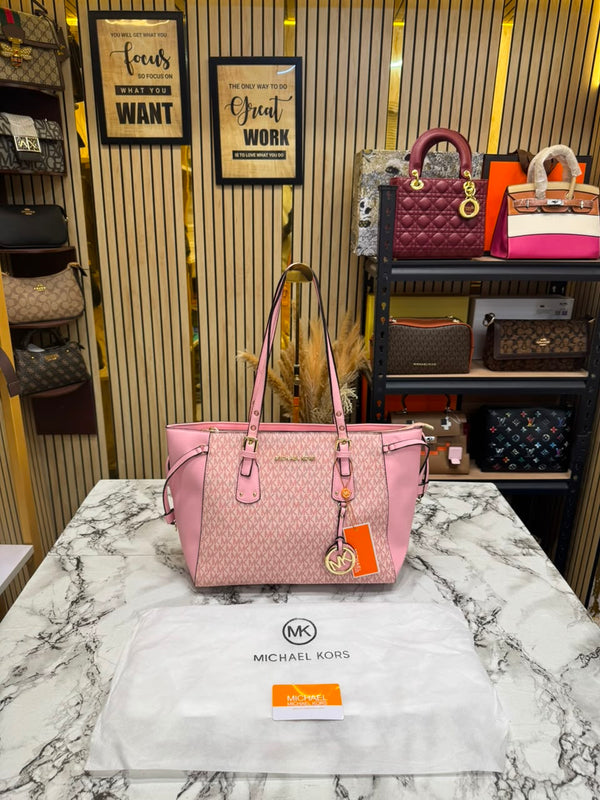 MK-Inspired Jet Set Travel Signature Logo Large Top-Zip Tote Bag With Dust Bag (Pink)