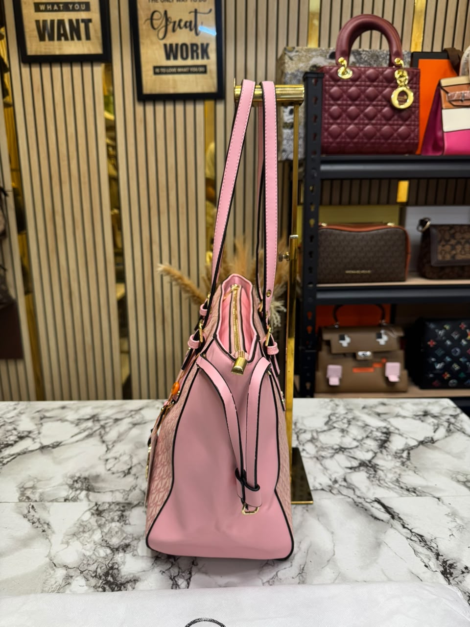 MK-Inspired Jet Set Travel Signature Logo Large Top-Zip Tote Bag With Dust Bag (Pink)