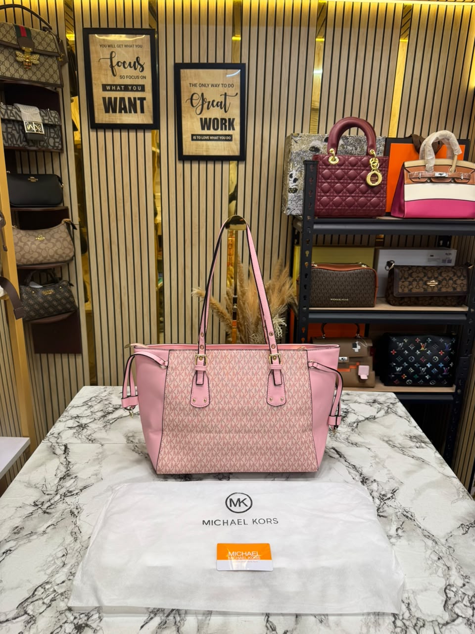 MK-Inspired Jet Set Travel Signature Logo Large Top-Zip Tote Bag With Dust Bag (Pink)