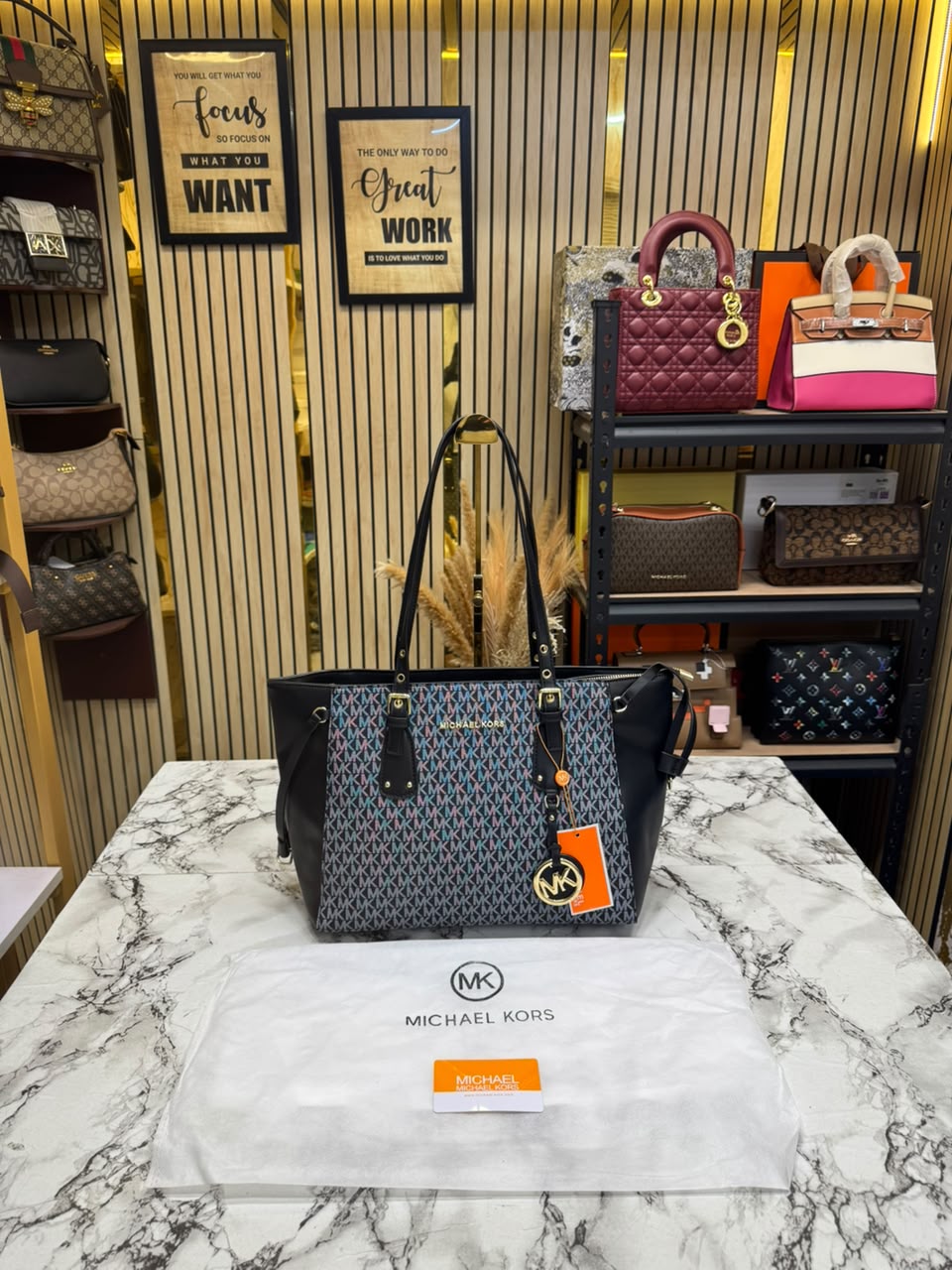 MK-Inspired Jet Set Travel Signature Logo Large Top-Zip Tote Bag With Dust Bag (Black)
