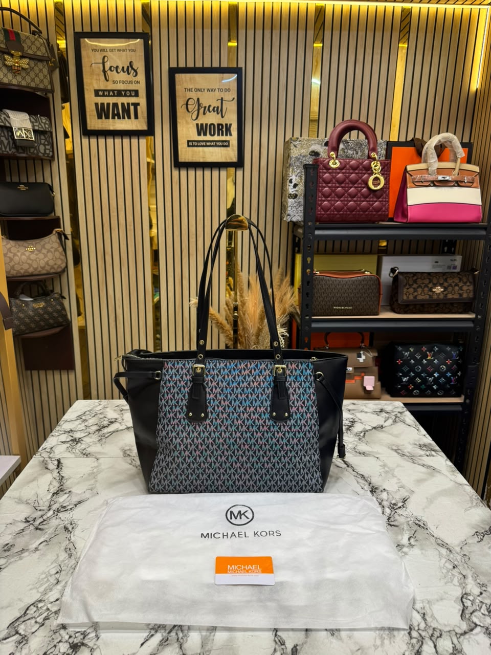 MK-Inspired Jet Set Travel Signature Logo Large Top-Zip Tote Bag With Dust Bag (Black)