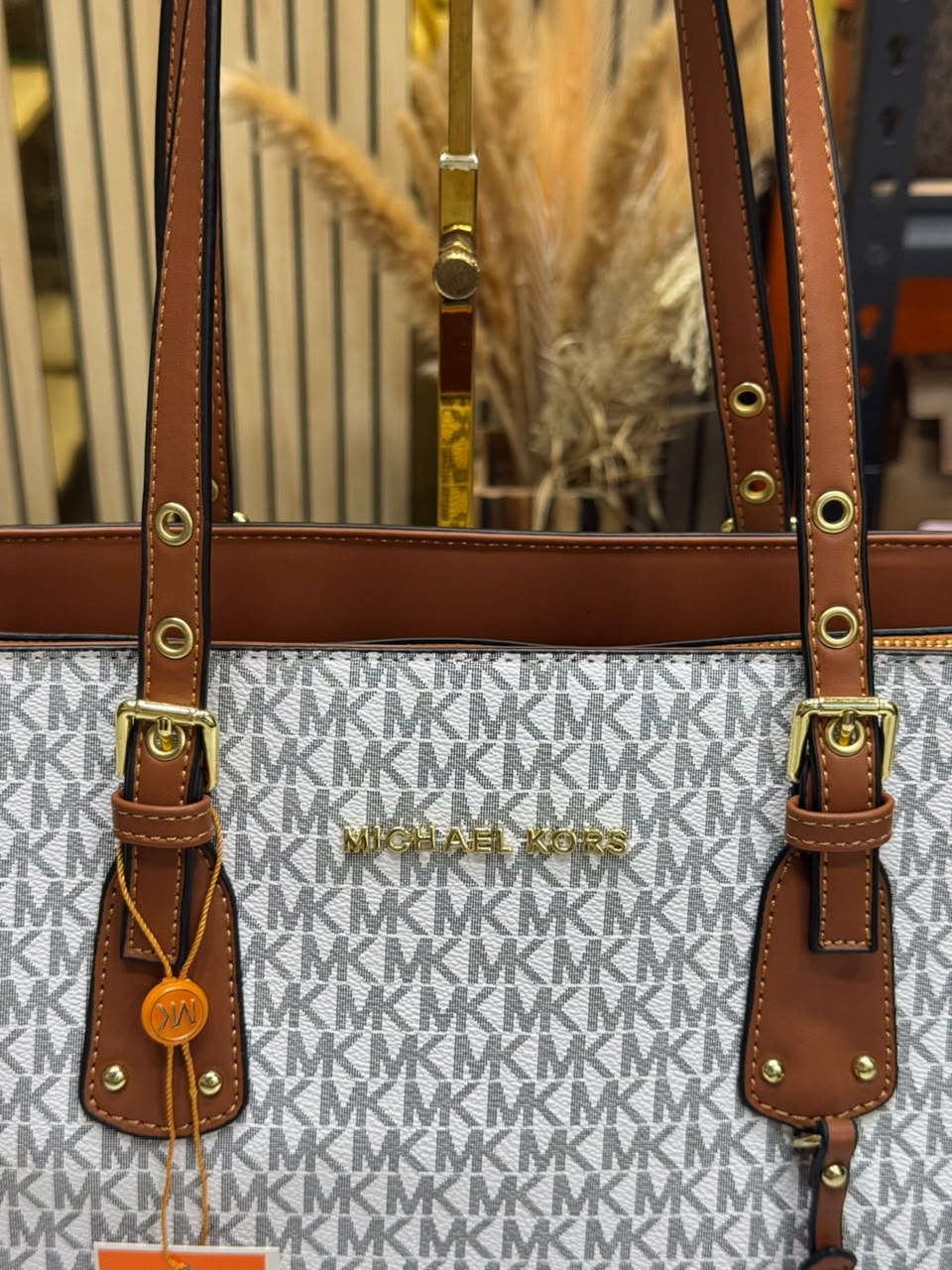 MK-Inspired Jet Set Travel Signature Logo Large Top-Zip Tote Bag With Dust Bag (Beige Brown)
