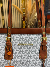 MK-Inspired Jet Set Travel Signature Logo Large Top-Zip Tote Bag With Dust Bag (Beige Brown)