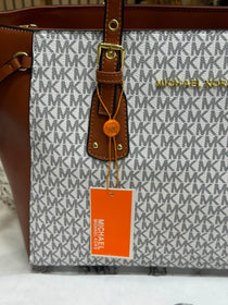 MK-Inspired Jet Set Travel Signature Logo Large Top-Zip Tote Bag With Dust Bag (Beige Brown)