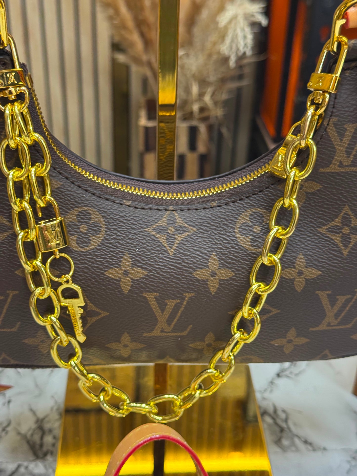 LV-Inspired Mini Loop Monogram Empreinte Chain Shoulder Bag With Box & Dust Bag (Brown)