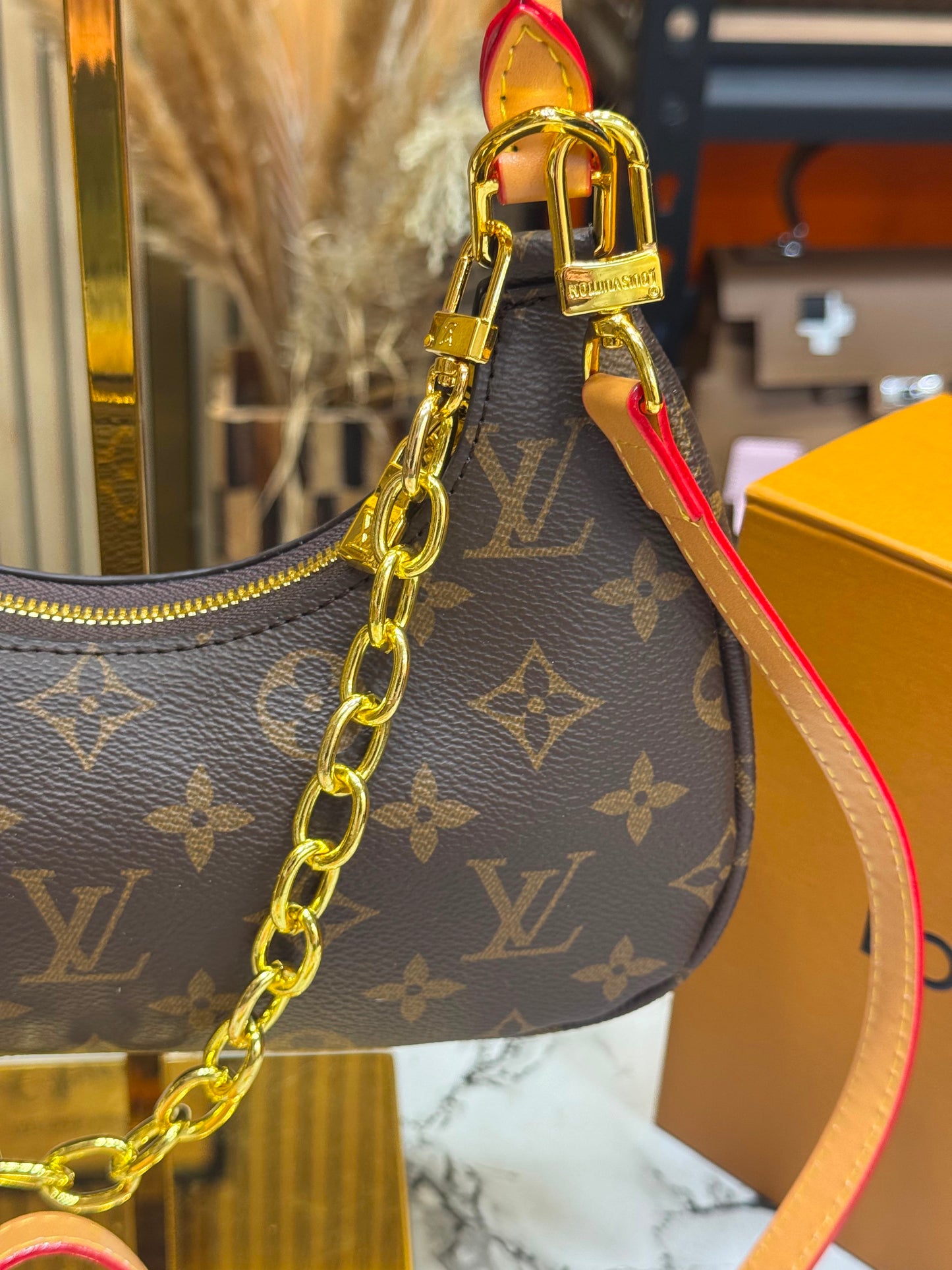 LV-Inspired Mini Loop Monogram Empreinte Chain Shoulder Bag With Box & Dust Bag (Brown)