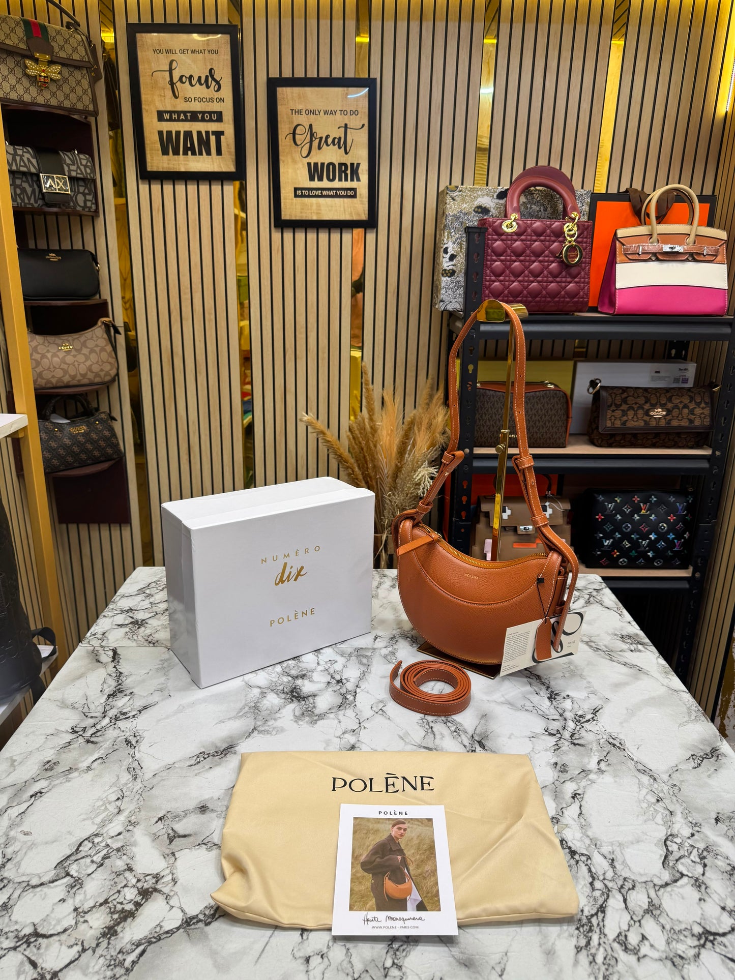 Polene Numero Inspired Dix Leather Shoulder Bag With Box And Dust Bag (Brown)