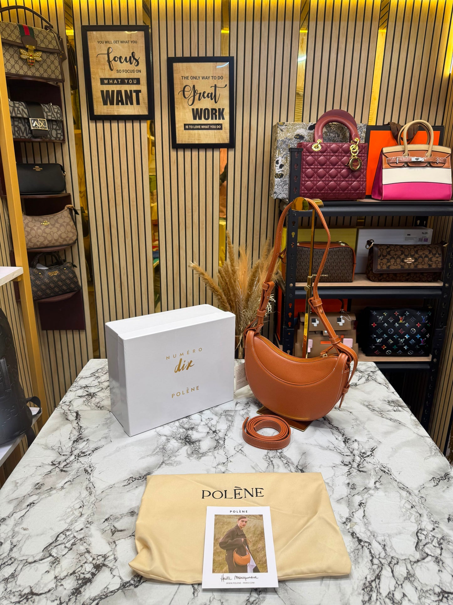 Polene Numero Inspired Dix Leather Shoulder Bag With Box And Dust Bag (Brown)