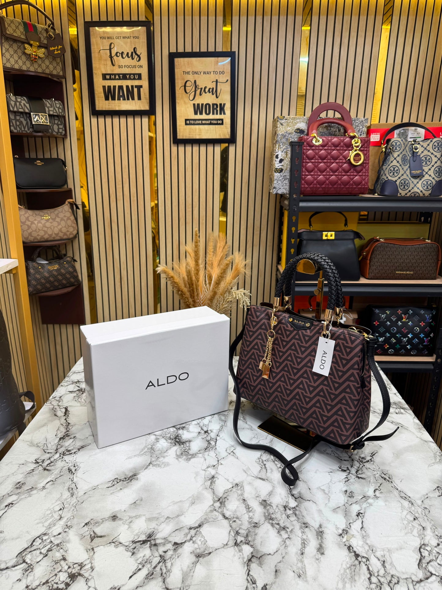 Aldo-Inspired Eile Brown Geometrical Monogram Handbag With Box (Coffee)