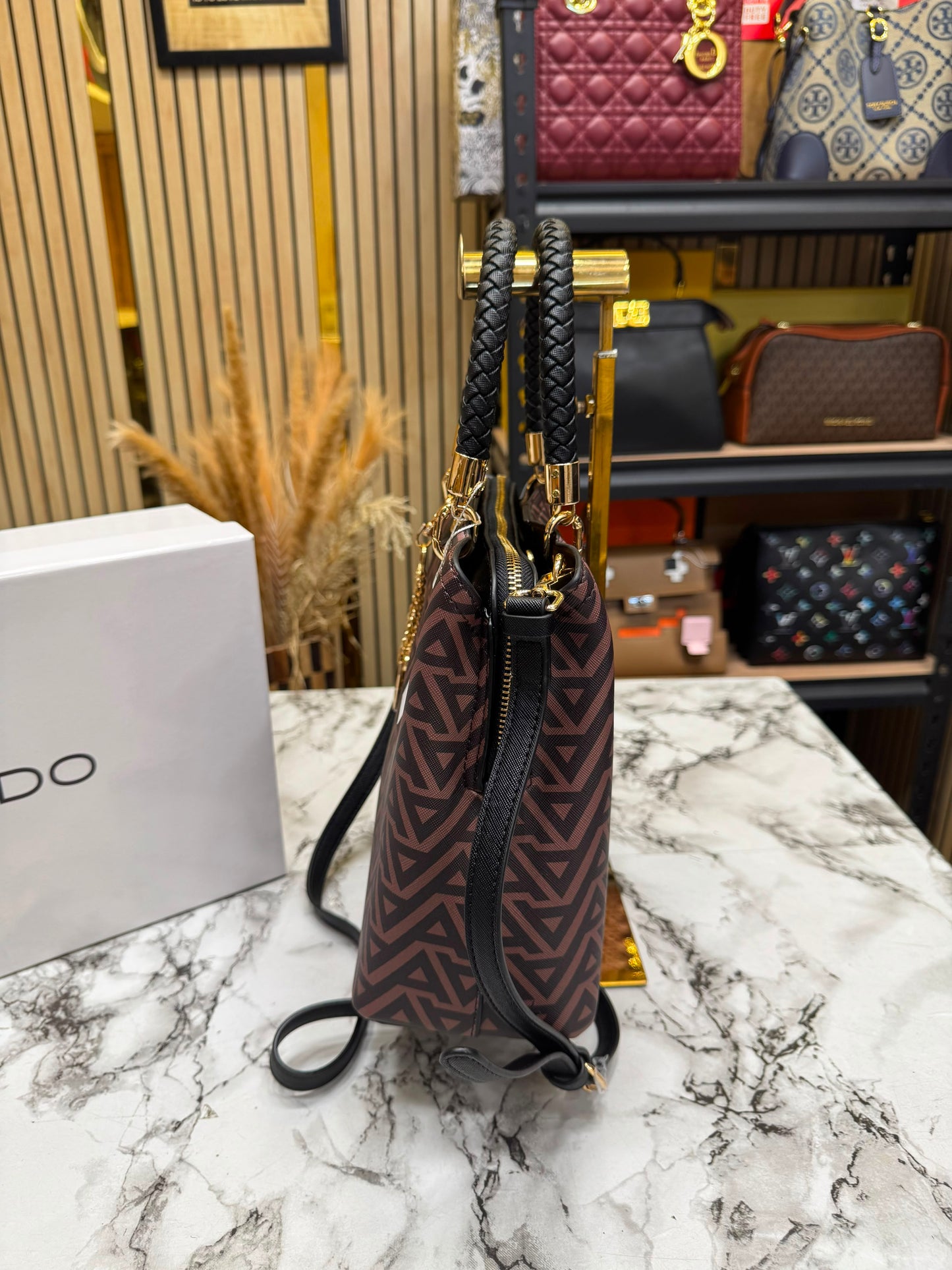 Aldo-Inspired Eile Brown Geometrical Monogram Handbag With Box (Coffee)