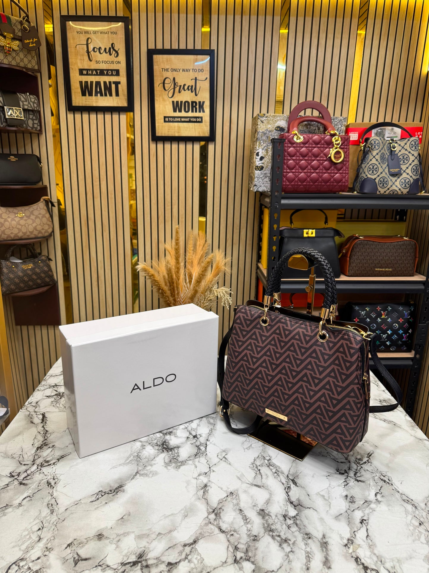 Aldo-Inspired Eile Brown Geometrical Monogram Handbag With Box (Coffee)