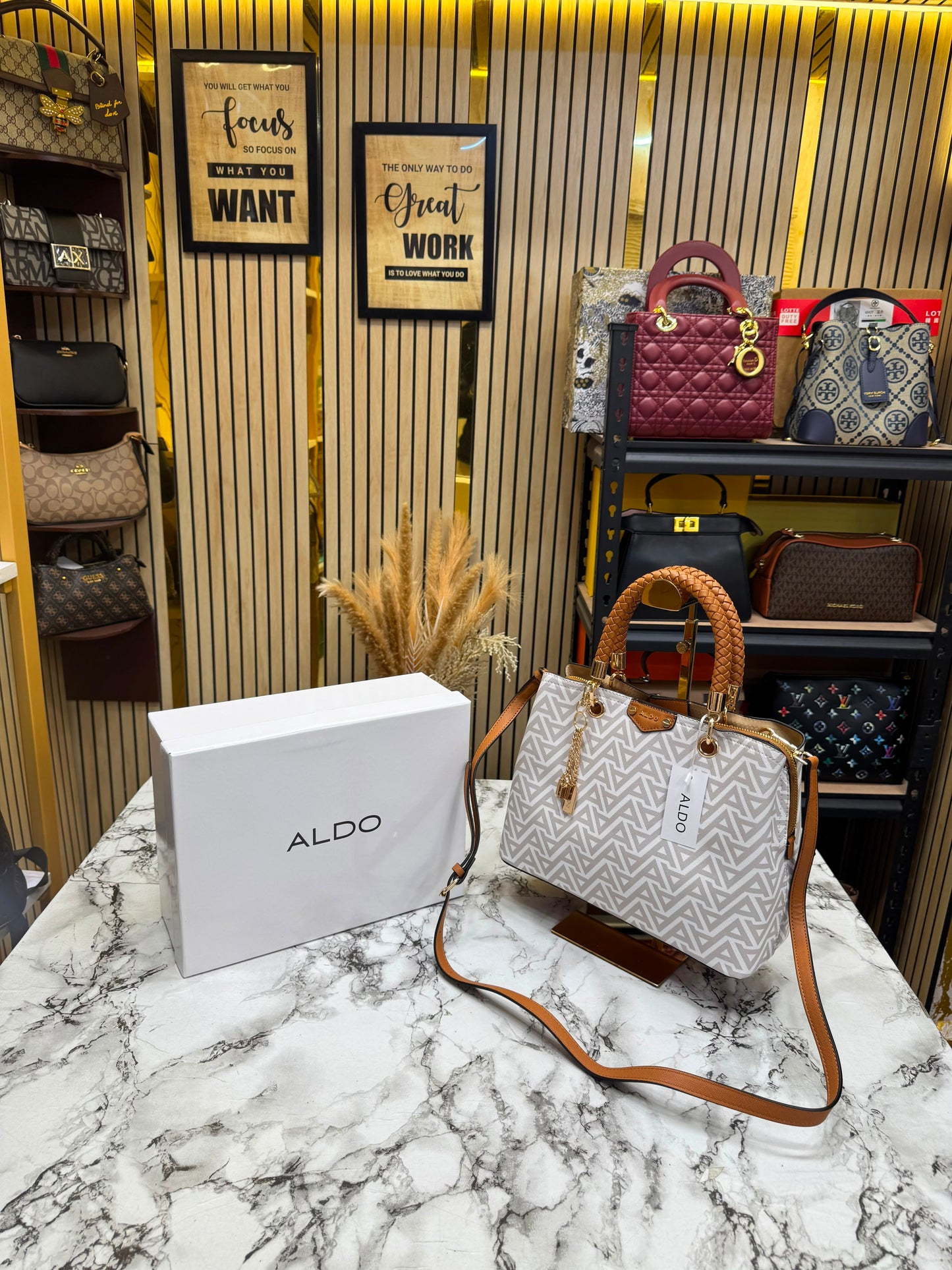 Aldo-Inspired Eile White Geometrical Monogram Handbag With Box (White monogram)