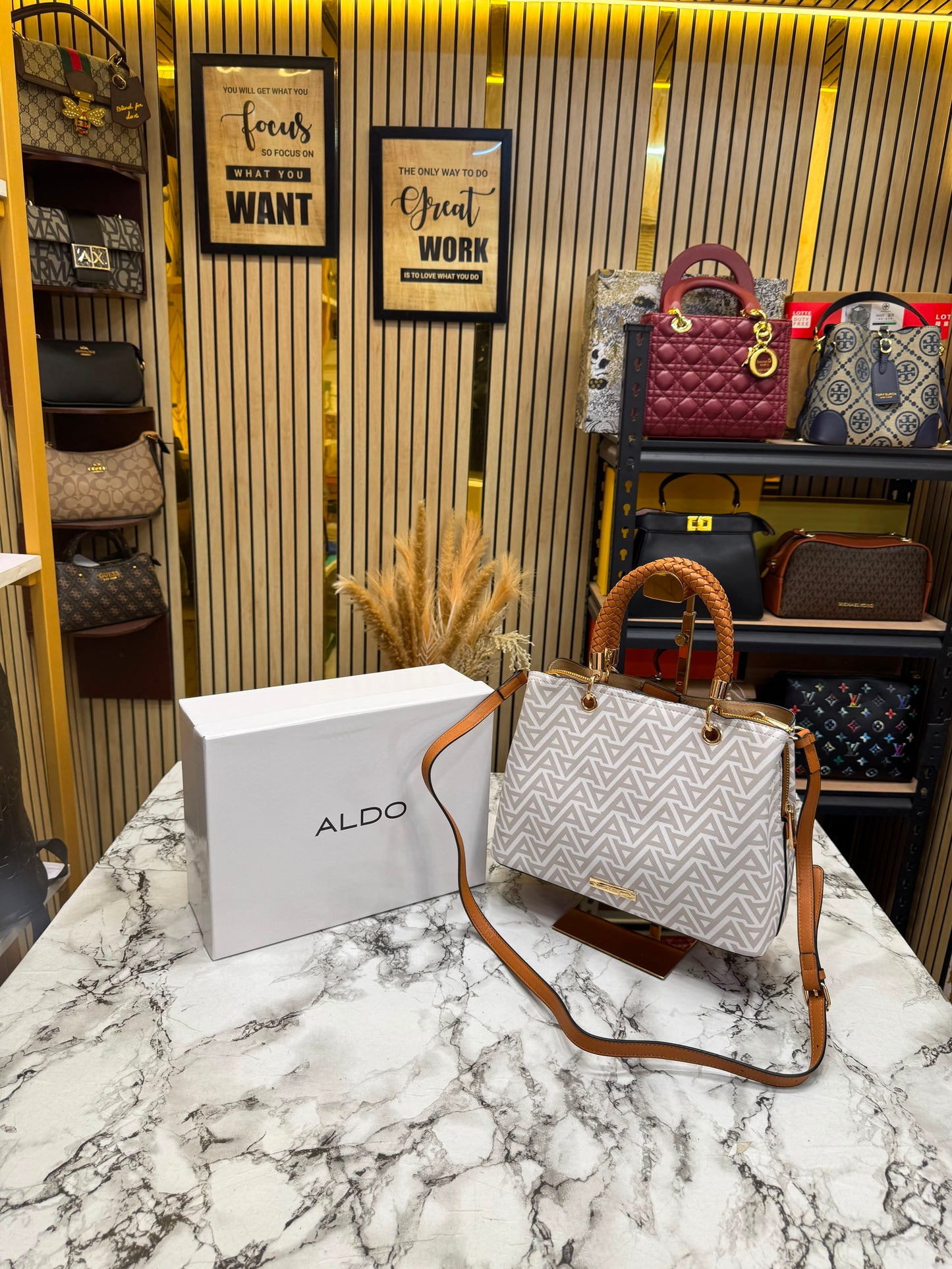 Aldo-Inspired Eile White Geometrical Monogram Handbag With Box (White monogram)