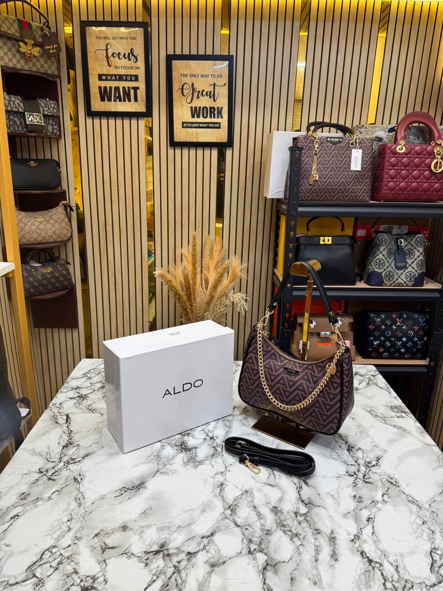 Aldo-Inspired Maricar Brown Geometrical Monogram Shoulder Bag With Box
