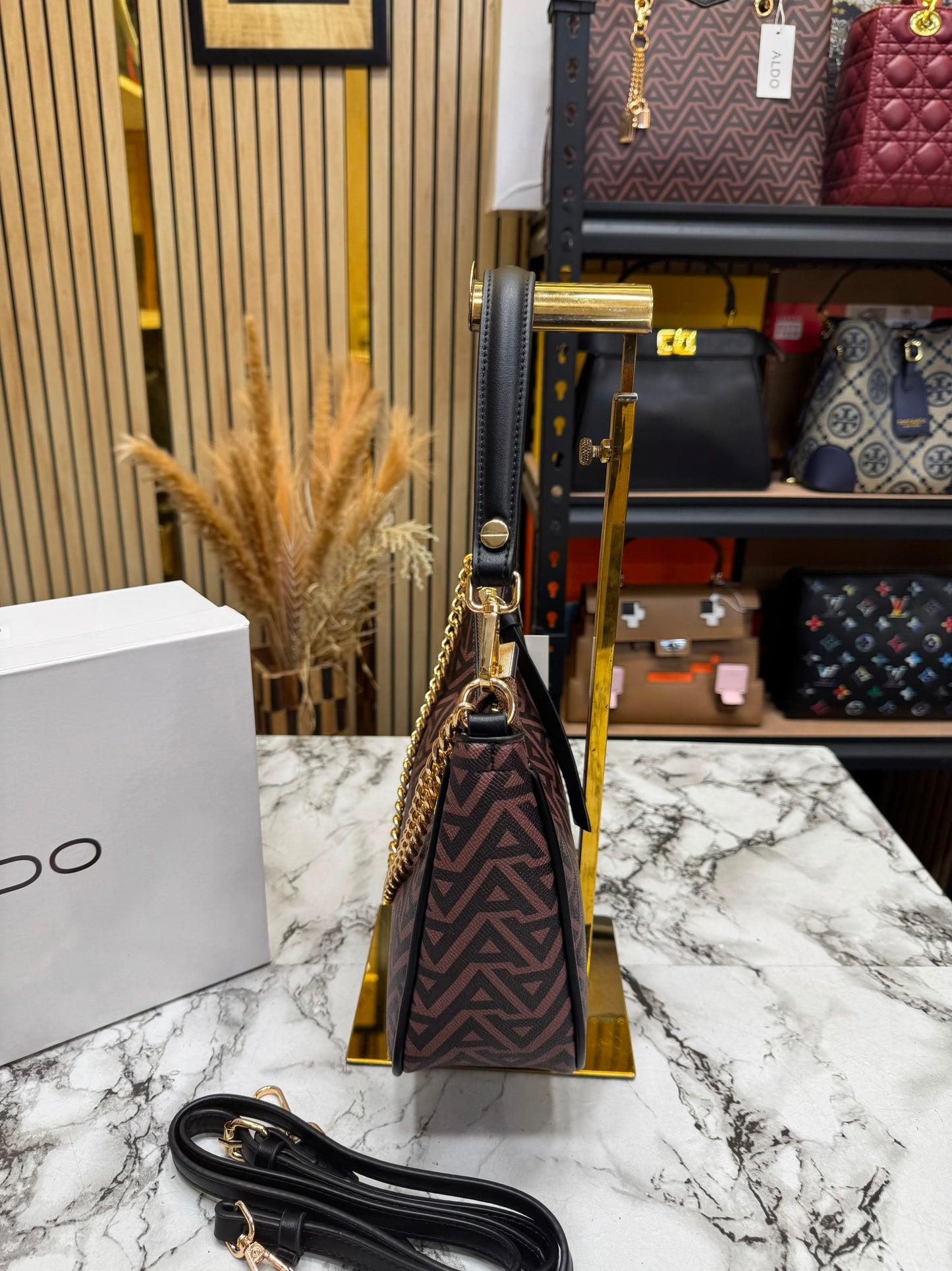 Aldo-Inspired Maricar Brown Geometrical Monogram Shoulder Bag With Box